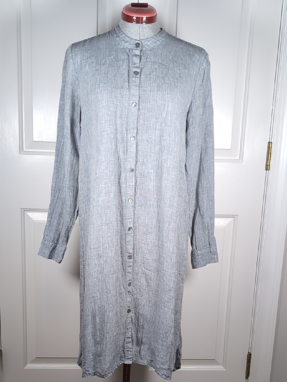 Eileen Fisher Organic Linen Chambray Gray Tunic Minimalist Band Collar Top